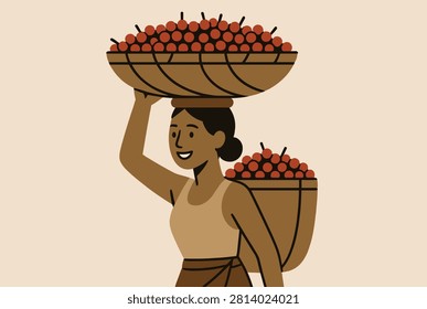 Hardworking African woman smiling while carrying a large basket of red berries on her head and another on her back.