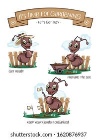 The hardworking ant gardening. Vector illustration of cartoon ant character working in the garden.