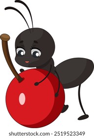 Formiga trabalhadora com mascote de cereja vermelha