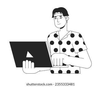Caracter de vector blanco negro de línea plana asiático de trabajo duro. Esbozo editable de un empleado de medio cuerpo con portátil. Ilustración puntual simple de dibujos animados aislados para el diseño gráfico web
