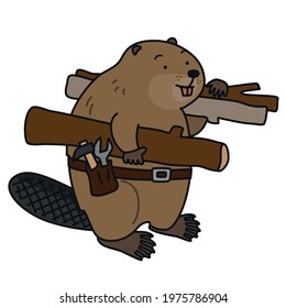 Hardworking beaver carrying a tree on his shoulder