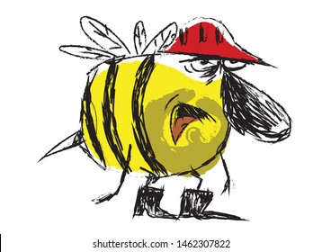 Hardworking bee tired from work wearing worker helmet and boots.