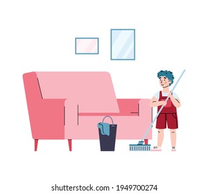 Hardworking boy washes floors with a mop, cartoon vector illustration isolated.