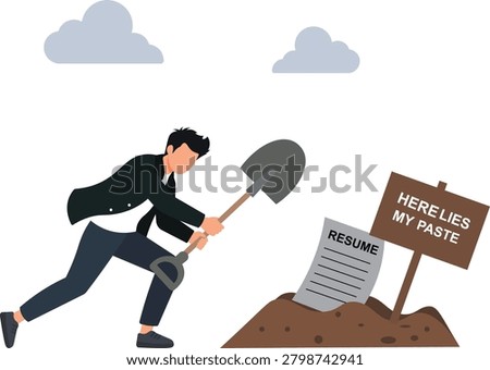 Hardworking businessman digging dirt ground grave to bury business resume