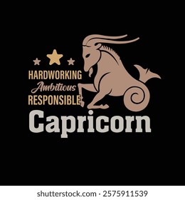 Hardworking Capricorn zodiac design featuring goat graphic and elegant typography.