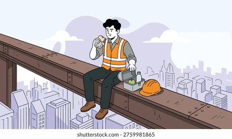 Hardworking Construction Worker Enjoying Lunch Break on Steel Beam High Above City Skyline