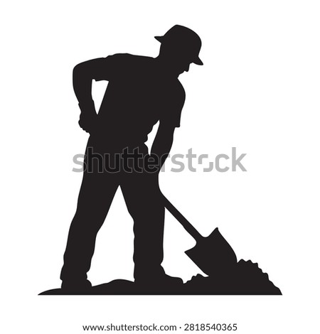 Hardworking construction worker silhouette operating shovel for digging dirt. Represents manual labor, site preparation, infrastructure development, and industrial work tasks. Suitable for safety manuals, construction services, job fair advertisements, or labor industry graphic design projects.