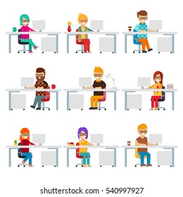 Hardworking Creative People Work In The Office With Computers Vector Flat Design. Funny Office Workers Are In Workplaces. Men And Women Are In Colorful Clothes At Work Isolated On White Background.