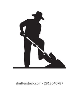 Hardworking farmer silhouette digging soil with shovel standing on flat ground. Symbolic representation of agriculture, agricultural labor, manual work, farming lifestyle, rural occupation, professional earth work, soil cultivation, outdoor labor, land preparation and gardener activities.