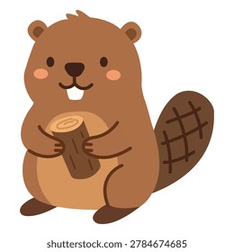 Hardworking forest beaver holding a tree log wood to build a dam.