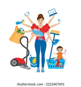 Hardworking housewife icon vector. Cleaning woman icon vector isolated on a white background. Hard working woman with children illustration. Working mom drawing