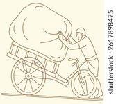 Hardworking Laborer Pulling a Loaded Cart - International Workers’ Day Line Art Illustration