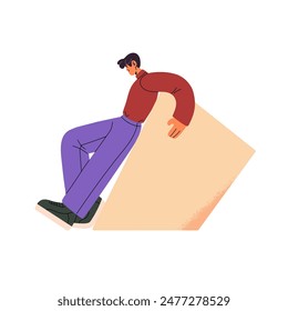 Hardworking person works alone. Office worker pushes heavy geometric shape. People overcome challenges, problem, rushing to success concept. Flat isolated vector illustration on white background