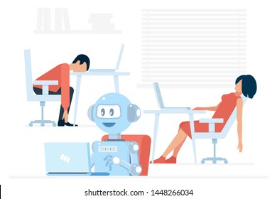 Hardworking positive android using laptop near exhausted man and woman in office vector illustration.