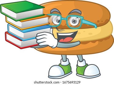 A hard-working student in chocolate macarons cartoon design with book