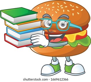 A hard-working student in hamburger cartoon design with book