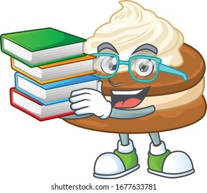 A hard-working student in white cream alfajor cartoon design with book