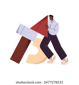 Hardworking worker challenges many tasks alone. Person pushes heavy geometric shapes. People work, overcome problems, rushing to success concept. Flat isolated vector illustration on white background