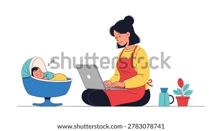 Hardworking young mother wearing an orange apron using a laptop computer while her baby is sleeping peacefully in a cradle at home.
