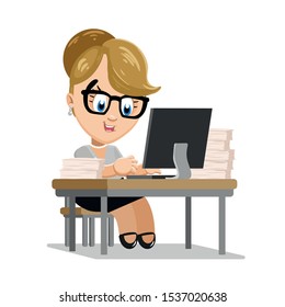 Hardworking young woman, employee spending time in office. Blond economist, accountant, financial director sitting at computer desk with piles of papers. Cartoon vector illustration on white.