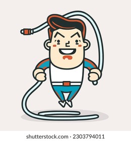 A hardy athlete practicing with a skipping rope. Fitness coach. cartoon vector illustration, isolated background, label, sticker 