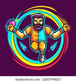 A hardy athlete practicing with a skipping rope. Fitness coach. cartoon vector illustration, isolated background, label, sticker 