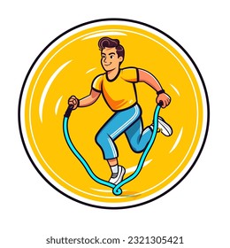 A hardy athlete practicing with a skipping rope. Fitness coach. cartoon vector illustration, isolated background, label, sticker 