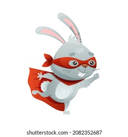 Hare Animal Superhero Dressed in Mask and Red Cape or Cloak Rushing to Rescue Vector Illustration