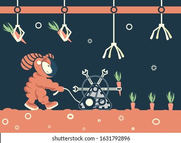 A hare astronaut in an orange spacesuit collects carrots on a space farm