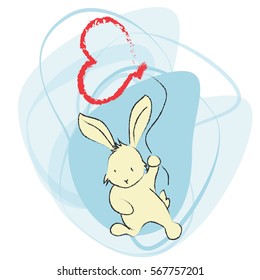 Hare with balloon in the shape of heart. Vector illustration