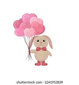 A hare with balloons. Cute smiling rabbit with balloons in the form of hearts. Cartoon bunny wishes happy Valentine s Day. Vector illustration isolated on a white background