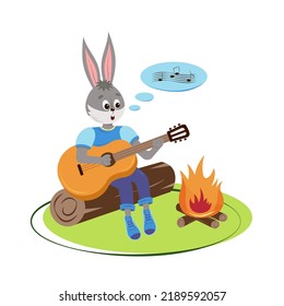 Hare The Bard At The Picnic Bonfire Playing The Guitar And Singing Songs. Vector Illustration. For Banner, Postcard, Flyer, Poster, T-shirt, Calendar.