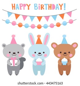 Hare and Bear  at a birthday party. Birthday card. Cute animals present gifts.