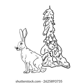 Hare beside snow covered fir tree hand drawn black white outline vector illustration. Simple winter woodland scene monochrome sketch for Christmas cards, nursery decor, and holiday prints.