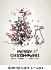 hare and bird are decorating Christmas tree. Christmas and New Years hand drawn  postcard. EPS10 contains transparency