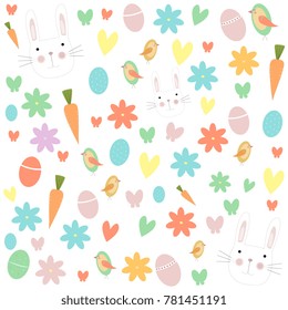 Vector illustration of hare and birds with Easter eggs and flowers seamless pattern.