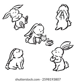 Hare black linear sketch isolated on white background. Cute bunny rabbit in continuous linear drawing style. Rabbits for Easter. Vector illustration.