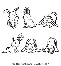 Hare black linear sketch isolated on white background. Cute bunny rabbit in continuous linear drawing style. Rabbits for Easter. Vector illustration.