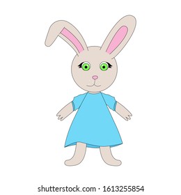 Hare in a blue dress. Cute cartoon Bunny in vector. Little rabbit girl. Happy funny animal.