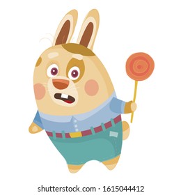 hare in a blue shirt and green pants holds a candy on a stick in his paw, surprise, confusion, isolated object on a white background, vector illustration