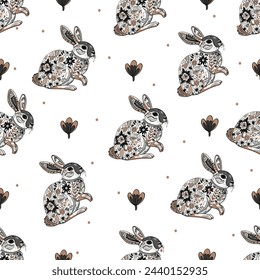 A hare in boho style. Happy Easter bunnies. Seamless illustration, pattern line. For printing on a print, blank for designers, sportswear