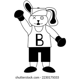 The hare is a boxer in gloves, a sports cap, sneakers, with one eye in the form of a button, a T-shirt and shorts. Toy rabbit on a white background.