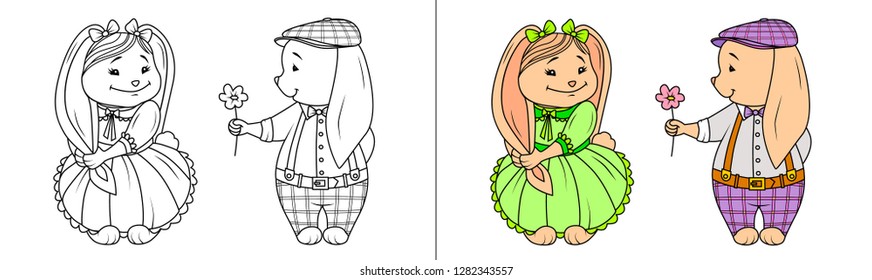 Hare boy confesses his love, gives flower, rabbit girl hesitates, shy. Bunny shyly holds his long ear in her hand and smiles. Girl in poofy green dress. Coloring book, contour drawing and colorized.
