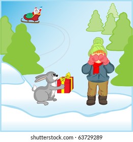 hare brings to the boy a gift from Santa Claus