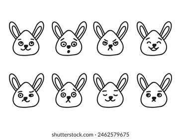 Hare, bunny head different facial expressions, line doodle character set. Hand drawn outline emotion on rabbit face. Happy, angry, sad and other mood. Vector illustration