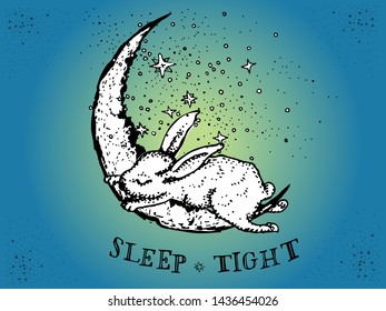 Hare or bunny rabbit sleeping on a crescent Moon, vector ink drawing in vintage style