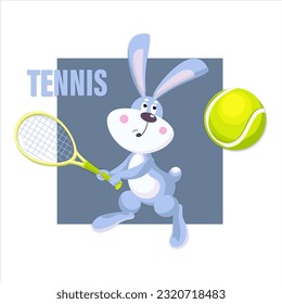 Hase, Bunny, Tennisspieler. Vektorkaninchen mit Schläger und Tennisball beim Tennisspielen. Geruchstier 