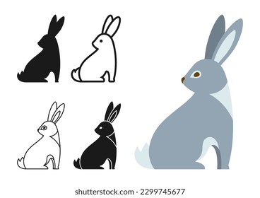 Hare or Bunny wild animal cartoon style set. Cute rabbit symbol, line doodle, icon or silhouette. Flat funny forest hares character animal icon. Hand drawn sitting rabbits abstract vector illustration