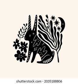 Hare or bunny woodland animal drawing in ornate rural folk scandinavian style.