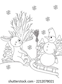 A hare carries a snowman on a sleigh. Coloring book for kids. Vector outline illustration